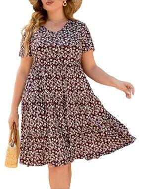 Plus Size Casual Summer Midi Babydoll Dress Short Sleeve Scoop Neck Tiered